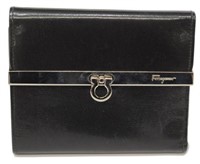 FERRAGAMO BLACK LEATHER & SILVER TONE WALLET