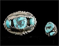 2 signed Navajo Turquoise Silver Buckle & Ring