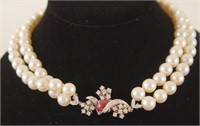 Double strand pearl necklace w ruby & diamonds