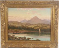 English Oil Painting on Canvas.  Lake scene.