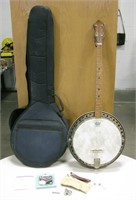Vtg. 4-String Banjo w/ Padded Case & Accessories