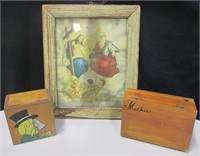 Pair of Wood Boxes & Religious Print 12 x 10"