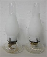 2 Oil Lamps w/ Frosted White Chimney Shades