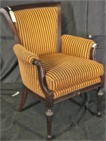 STRIPED UPHOLSTERED SCROLL ARMCHAIR.