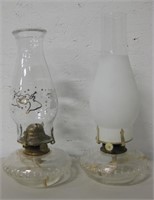 2 Oil Lamps w/ Glass Chimney Shades