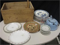 Wood Box With Plates, Enamelware Tea Pot & More