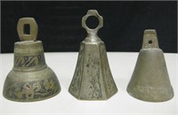 3 Small Vintage Cast Brass Bells - Marked Portugal