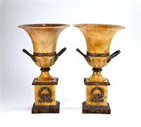 PAIR OF DECORATIVE STAINED ALABASTER URNS