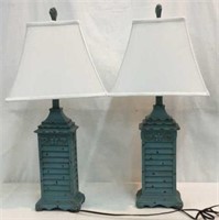 A Pair Of Shabby Blue Painted Lamps.  V 7 A