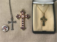 (3) Christian Cross Necklaces & (1) Pin