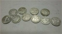 10 Barber dimes various dates 1899 to 1913