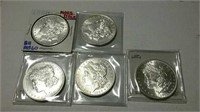 5 Morgan silver dollars 1880-S, 1882-S, 1886 (2)