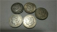 5  Morgan dollars 1887-O, 1889, 1891-S, 1921 and