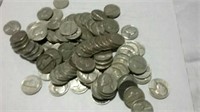 100 Jefferson nickels various years 1940 to 1960