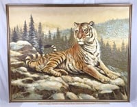 Large Signed Oil on Canvas Painting of Tiger