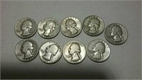 9 silver quarters various dates 1934 to 1952