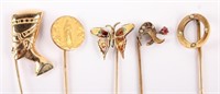 5 14K YELLOW GOLD & GOLD PLATED STICK PINS