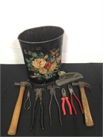 Antique small trash can and tools.