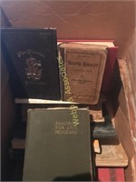 2 boxes books, wood pieces, metal trays
