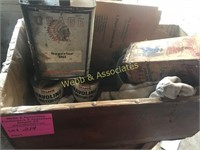 Wood box, Osage oil can, 2 Havoline oil cans, and