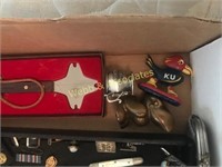 Box including knives, vintage razors, military