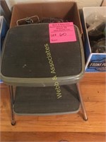 Stepstool and 8 brown crocks with lids, misc.