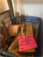 Box of books, apron, knives, tea kettle