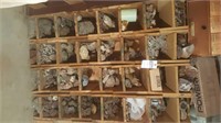 Pigeon hole shelving & contents: rocks & minerals