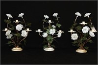 3 Antique Metal Candleholders w/ Porcelain flowers