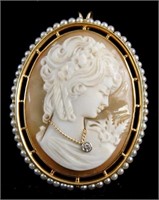 Antique Gold cameo w diamond & seed pearls