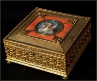 HAND PAINTED MINIATURE GILT METAL JEWEL CASKET