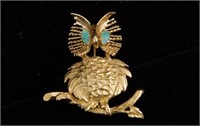 14 kt gold Owl pin with opal eyes