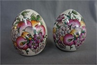 2 Hand Decorated Fruits and Leaves Porcelain Eggs