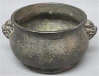 CHINESE BRONZE BOWL WITH FOO LION HANDLES