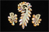 Rhinestone Earrings & Brooch Amber Iridescent