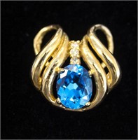 14K Gold Pendant w Diamonds and Blue Stone