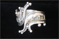 Sterling Lopez Taxco Hinged Cuff Abalone Bracelet