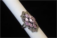 925 Sterling Silver Ring, Pink Stones & Marcasite