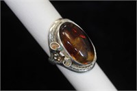 Sterling Silver Ring with Amber Look Setting