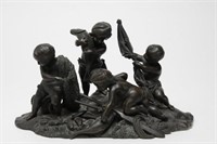 Continental Bronze Sculpture, Boys Fishing, 19th C