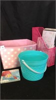 Pink and teal storage and scrapbook items
