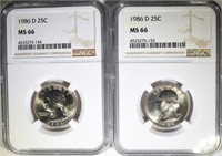 2-1986-D WASHINGTON QUARTERS, NGC MS-66