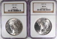 (2) 1923 PEACE SILVER DOLLARS, NGC MS-64