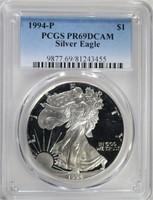 1994-P AMERICAN SILVER EAGLE, PCGS PR-69 DCAM