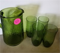 VINTAGE GREEN PITCHER AND GLASSES