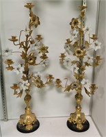 * Pair Of Brass And Glass Floral Candle Holders