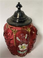 Enamel Decorated Cranberry Glass Jar