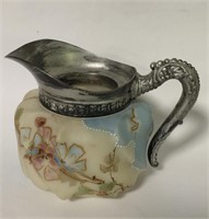 Decorated Satin Glass & Silver Plate Creamer