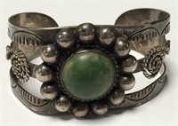 Mexico Silver Cuff Bracelet With Green Stone