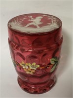 Cranberry Glass Enamel Decorated Jar With Lid